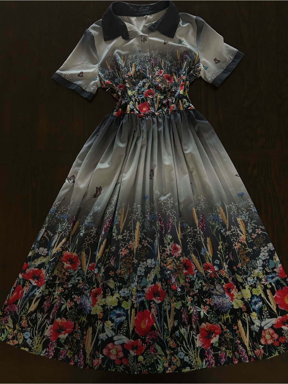 Floral Ombre Collared Midi Dress in Navy and Gray - Picture 2 of 4
